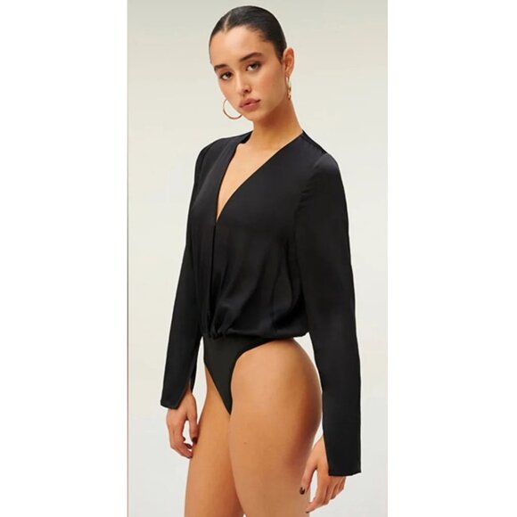NWT Good American black flowy satin wrap bodysuit - Picture 1 of 8